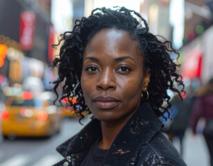 Black woman with a calm expression on a New York City street