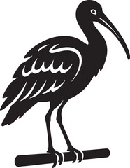 Elegant ibis silhouette perched on a branch black and white, Graceful bird perched on branch illustration