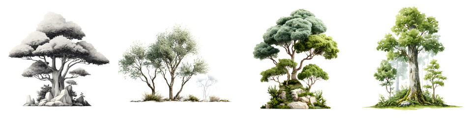Obraz premium Collection of Different Trees, Realistic Digital Illustration on White