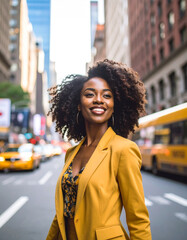 Black woman in yellow blazer and floral top smiling confidently in Times Square