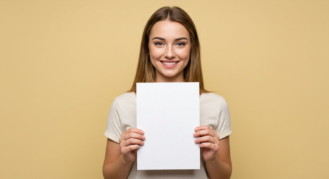 Happy young woman holding a blank sheet of paper smiling - Powered by Adobe