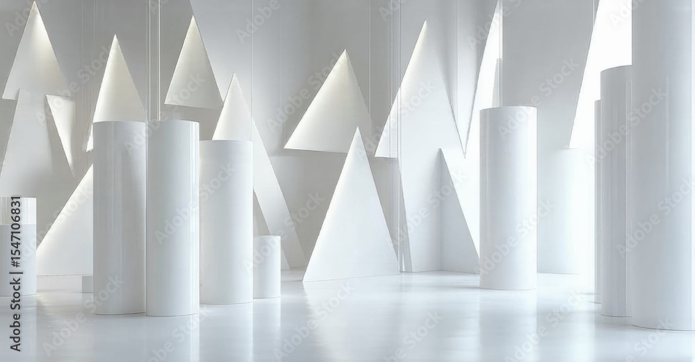Poster minimalist space features geometric shapes, cylinders, triangles. bright white color dominates, crea