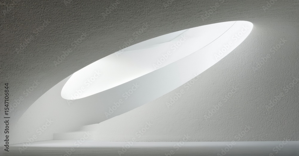 Poster Minimalist interior features curved white structure. Smooth surfaces create soft light, modern design aesthetic. Clean lines define space.