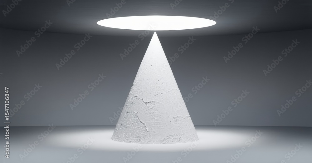 Poster Minimalist lamp design. Cone base supports circular light source. Soft glow illuminates surrounding space. Modern, simple aesthetic.