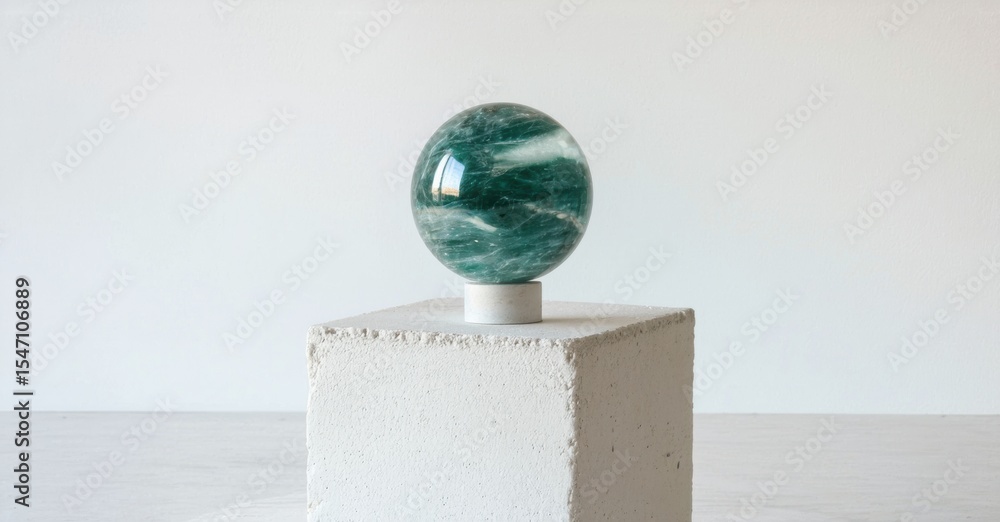 Poster green sphere rests atop concrete cube. minimalist composition, soft lighting, simple studio setup. f