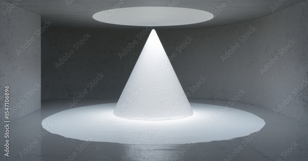 Poster Minimalist scene. Cone shape illuminated within concrete room. Circular light source above, creating dramatic shadows. Simple geometry, stark contrast.