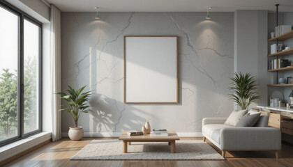 Modern Living Room with Minimalist Decor, Empty Frame, Indoor Plants, Natural Light and Basking Sunlight on Wooden Floor