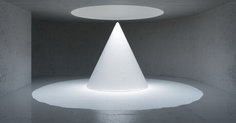 Fototapeta premium Minimalist scene. Cone shape illuminated within concrete room. Circular light source above, creating dramatic shadows. Simple geometry, stark contrast.