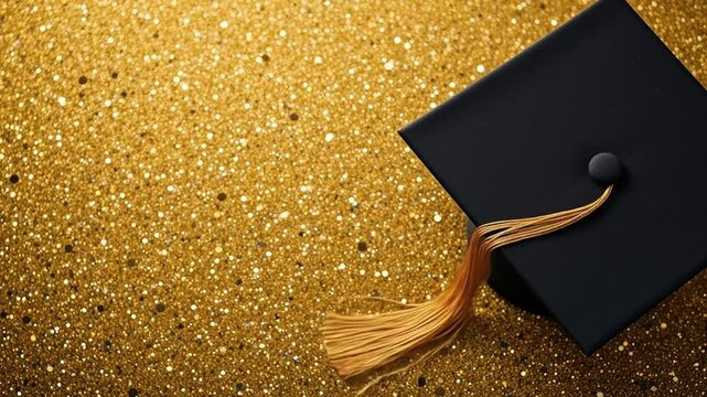 Graduation Cap on Golden Glitter Festive Flatlay. 4k video
