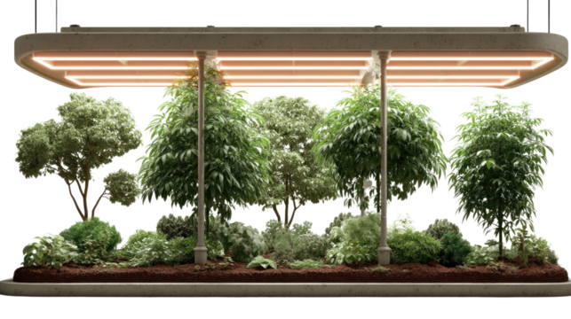 Green Oasis under Illumination: An indoor oasis showcases a harmonious blend of flourishing plants and ambient lighting, creating a serene and vibrant atmosphere, enhancing tranquility