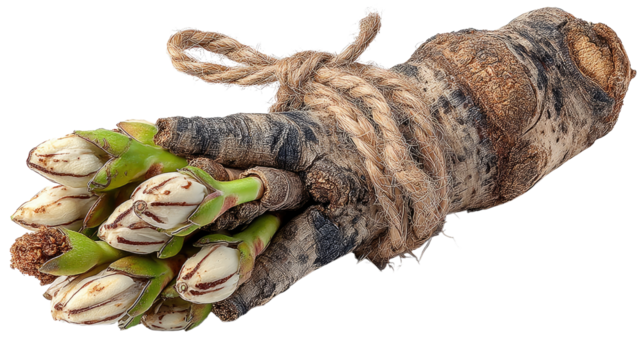 Bundle of Fresh Buds: Close-up shot of a neatly tied bundle featuring fresh buds with a rustic cord against a soft background, symbolizing growth and nature's intricate beauty.