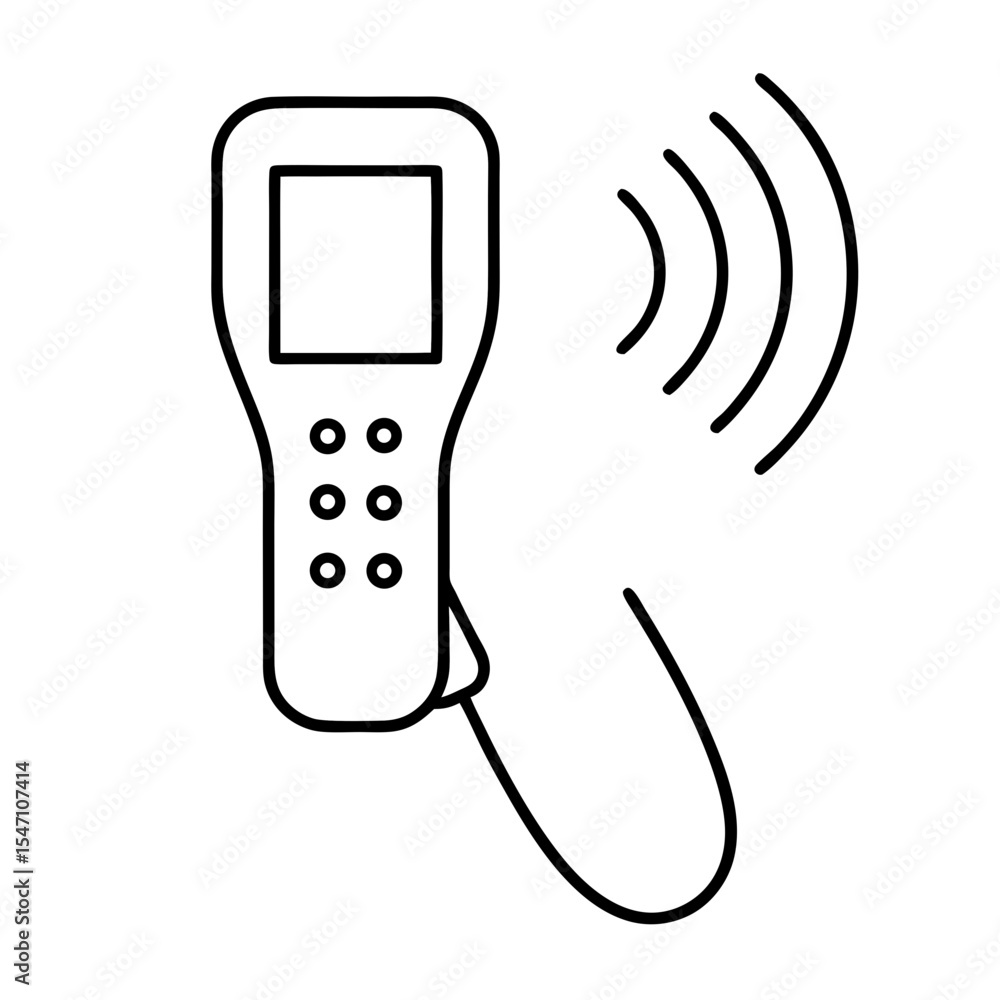 Poster handheld scanner with display and buttons emitting radio waves outline