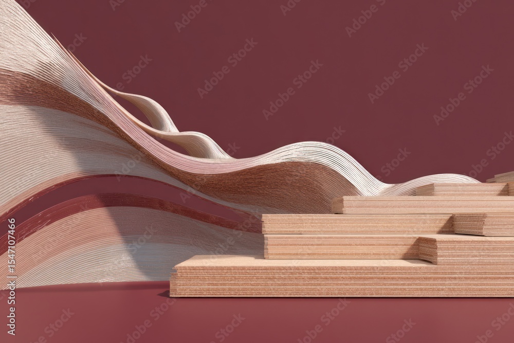 Poster abstract scene with wooden steps and layered wave structure on a maroon colored background space