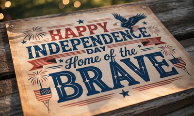 Fototapeta premium Patriotic happy independence day sign vintage design with fireworks and eagle