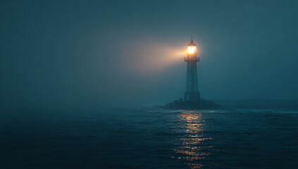Fototapeta premium Illuminated Lighthouse on Rocky Coastline Dark Ocean Night Foggy Atmosphere image