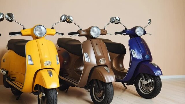 Showcasing a range of vintage-styled motor scooters in white, yellow, brown, and blue with metallic mirrors and headlights.