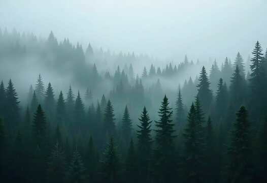 misty pine forest landscape with low visibility and soft distant tree outlines