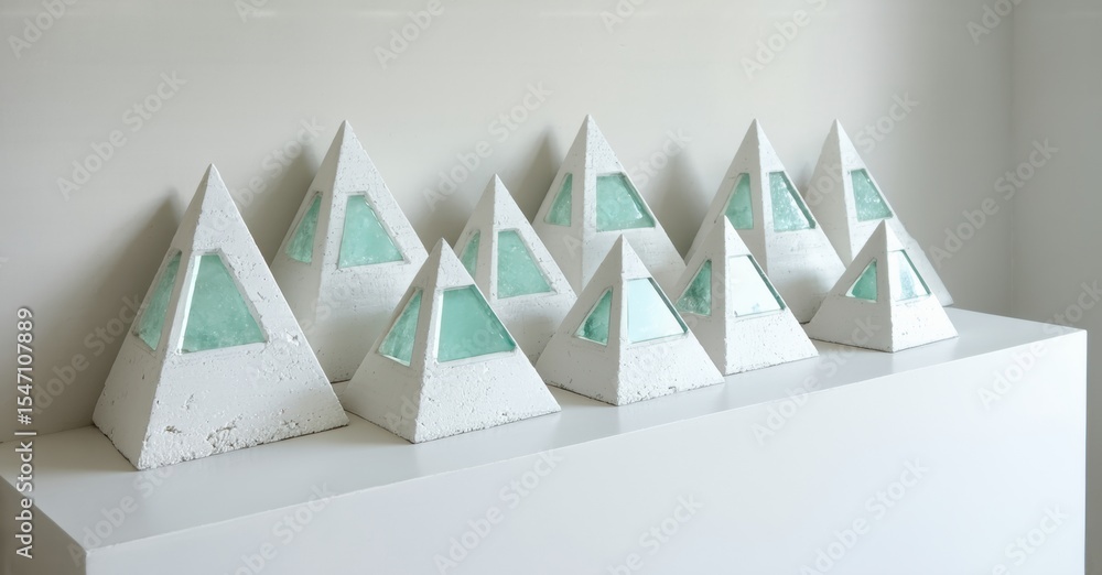 Poster Pyramidal sculptures displayed on white surface. Light turquoise glass accents within geometric forms create soft visual impact.