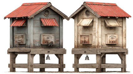Rustic Hive Dwellings: Two weathered bee dwellings stand side-by-side, their aged wood and charming bell accents telling a story of rural craft, nestled in a setting of serene self-sufficiency.