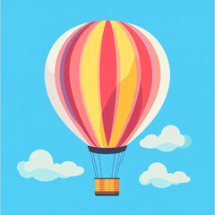 Fototapeta premium Bright colorful hot air balloon with red, yellow, and orange stripes floating in blue sky with clouds 