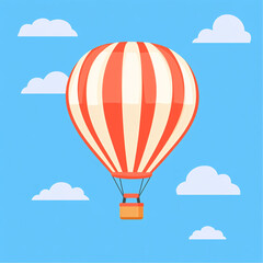 Fototapeta premium Red and cream striped hot air balloon floating in blue sky with scattered clouds, flat vector style 