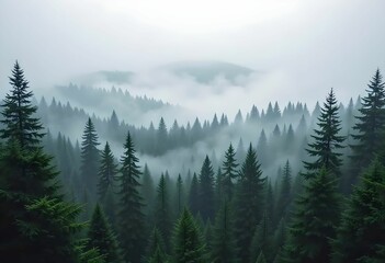 dense misty pine forest with fading trees and tranquil atmosphere