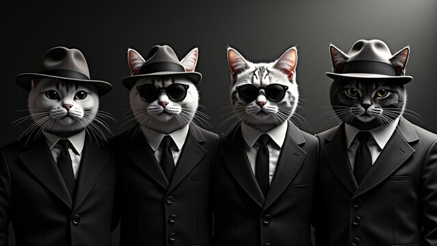 Four Stylish Cats in Black Suits and Hats
