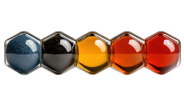 Colored Liquid Sample Collection: A macro view of diverse colored liquids are neatly presented in interconnected hexagonal containers, reflecting the interplay of transparency and hue - Powered by Adobe