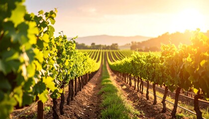 Naklejka premium Sunlit Vineyard Rows, Golden Hour Grapes - Golden Hour Photography