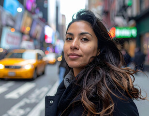 Urban Latina with windswept curls wearing black zip jacket on NYC street