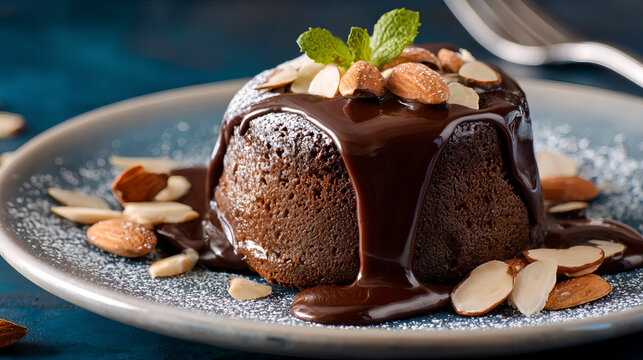 National Chocolate Pudding Day, a plate of chocolate pudding with melted chocolate sauce and roasted almonds on the side. In the kitchen background, looks delicious. AI generated images. - Powered by Adobe