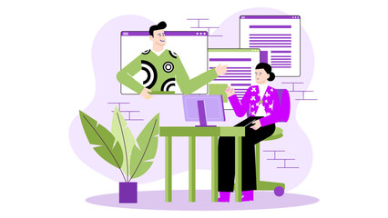 Online meeting between a woman and a man discussing business plans and collaborating remotely. Perfect for websites, blogs, and presentations.