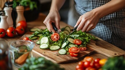 Close-up of Woman Preparing Fresh Salad with Cucumber and Tomatoes