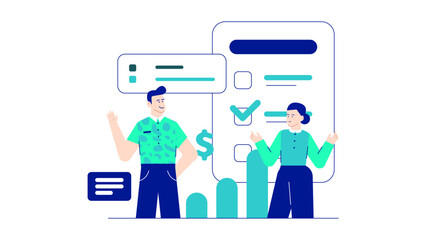 Two people discussing finances and a checklist, suitable for financial planning concepts in business presentations or educational materials.