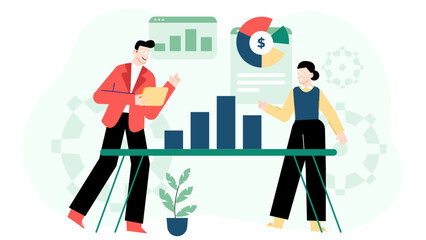 Two businesspeople analyzing financial data and graphs. Suitable for presentations, reports, articles, and business-related content. Perfect for finance or business blog posts.
