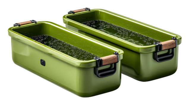 Green Containers: Two sleek green containers, designed with wood accents, creating a modern aesthetic of order and simplicity. They are perfect for storing, organizing or decorating.