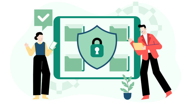 Two professionals in suits discussing data security protocols on a tablet. Suitable for technology and cybersecurity concepts in business.