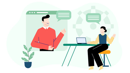 Illustration of online video conference between two remote workers. Suitable for promoting remote work tools, communication software, or virtual meetings.