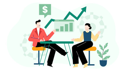 Two colleagues discuss increasing profits shown on a graph. Suitable for business presentations, financial reports, teamwork concepts, and corporate communication materials.