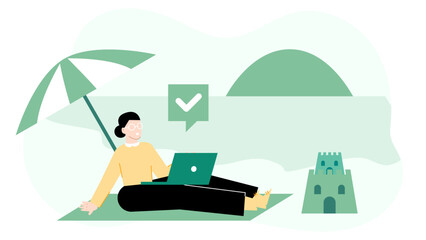 Woman works on a laptop on a beach under an umbrella. Suitable for travel, remote work, freelance, workcation, vacation, summer concept.