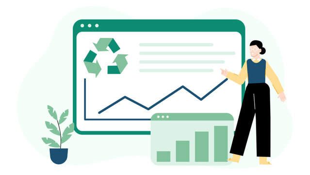 Woman presenting successful recycling program growth graphs; suitable for sustainability reports, ecofriendly presentations, and environment related websites.