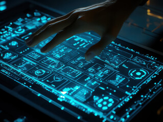 hand typing on holographic keyboard