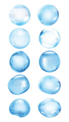 PNG Glossy blue water bubbles collection on transparent background