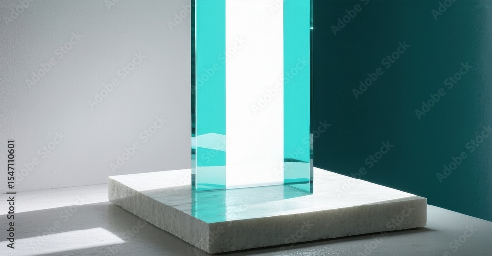 Poster Minimalist sculpture. Light plays with translucent material, creating bright vertical form upon textured base. Simple geometry, cool tones.