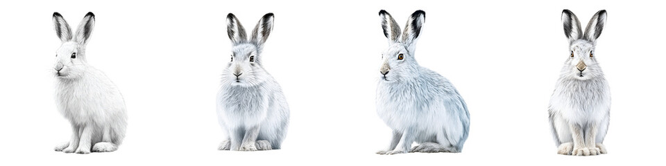 Adorable white and blue gray rabbits sitting in a studio setting