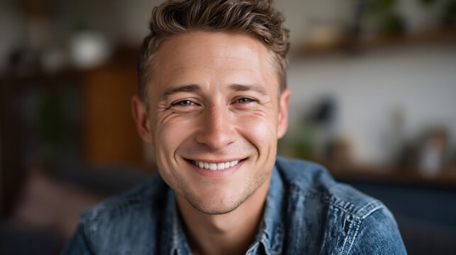 Happy man smiling at home, warm and relaxed vibe
