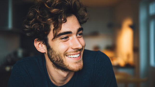 Happy man smiling at home, warm and relaxed vibe