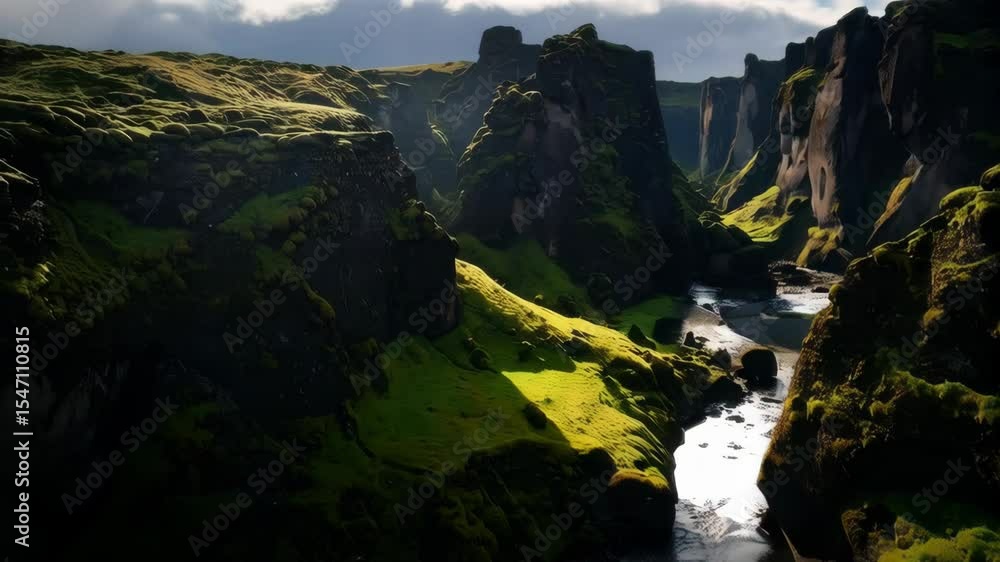 Poster scenic river flows through a dramatic canyon landscape with mossy rocks and cliffs, under a partiall