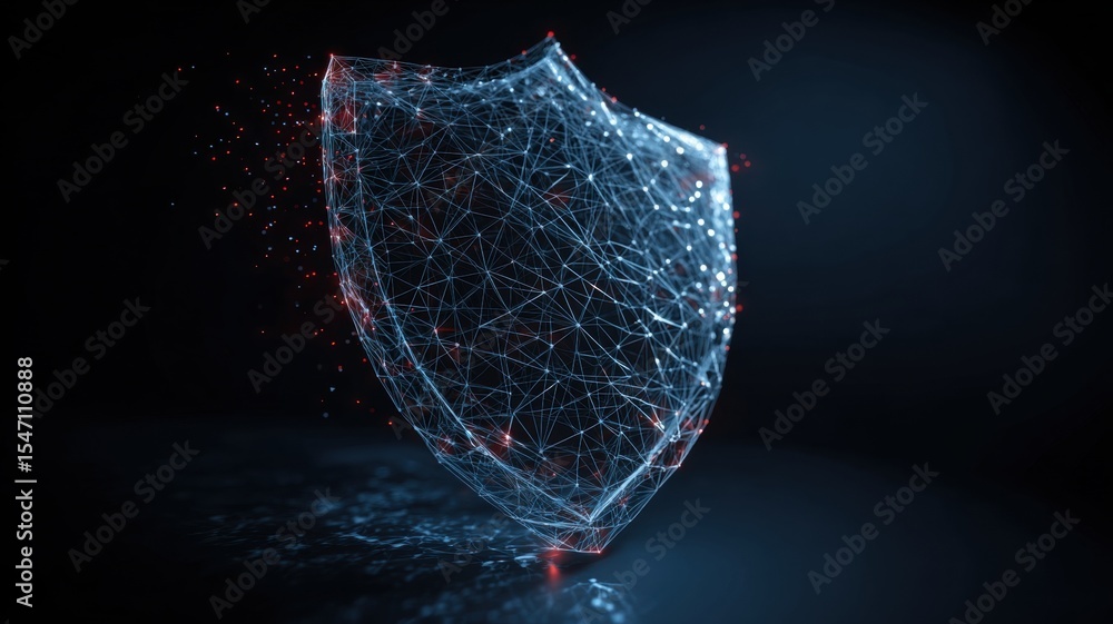 Poster digital shield made of interconnected lines and particles against a dark background.