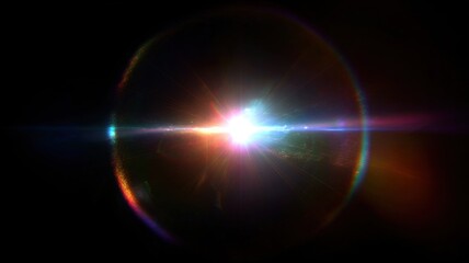 Bright burst of light with colorful streaks against a dark background, creating a cosmic effect.
